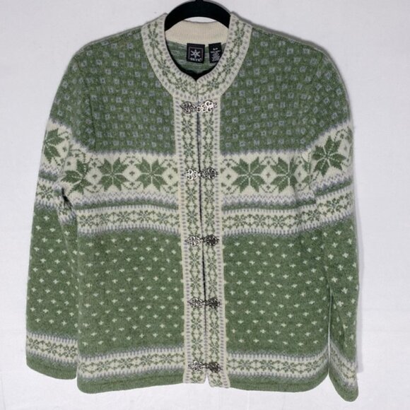 SOLD-Skyr Green Cream Nordic Jacquard Knit Wool Cardigan Sweater S - Picture 1 of 15